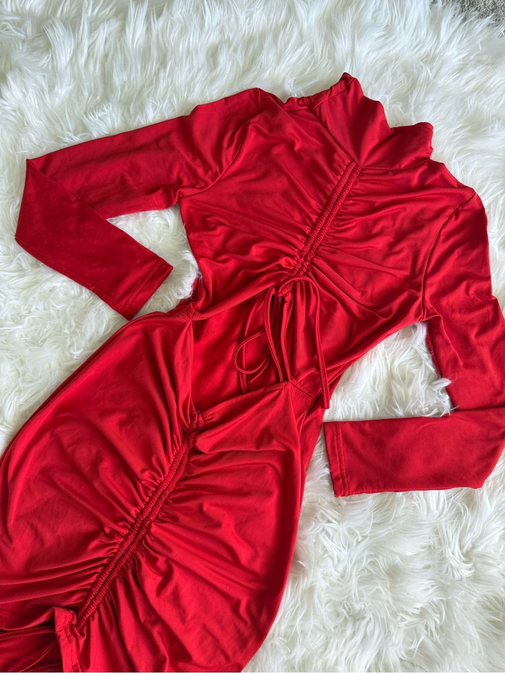 Red Ruched Long Sleeve Cut Out Bodycon Dress